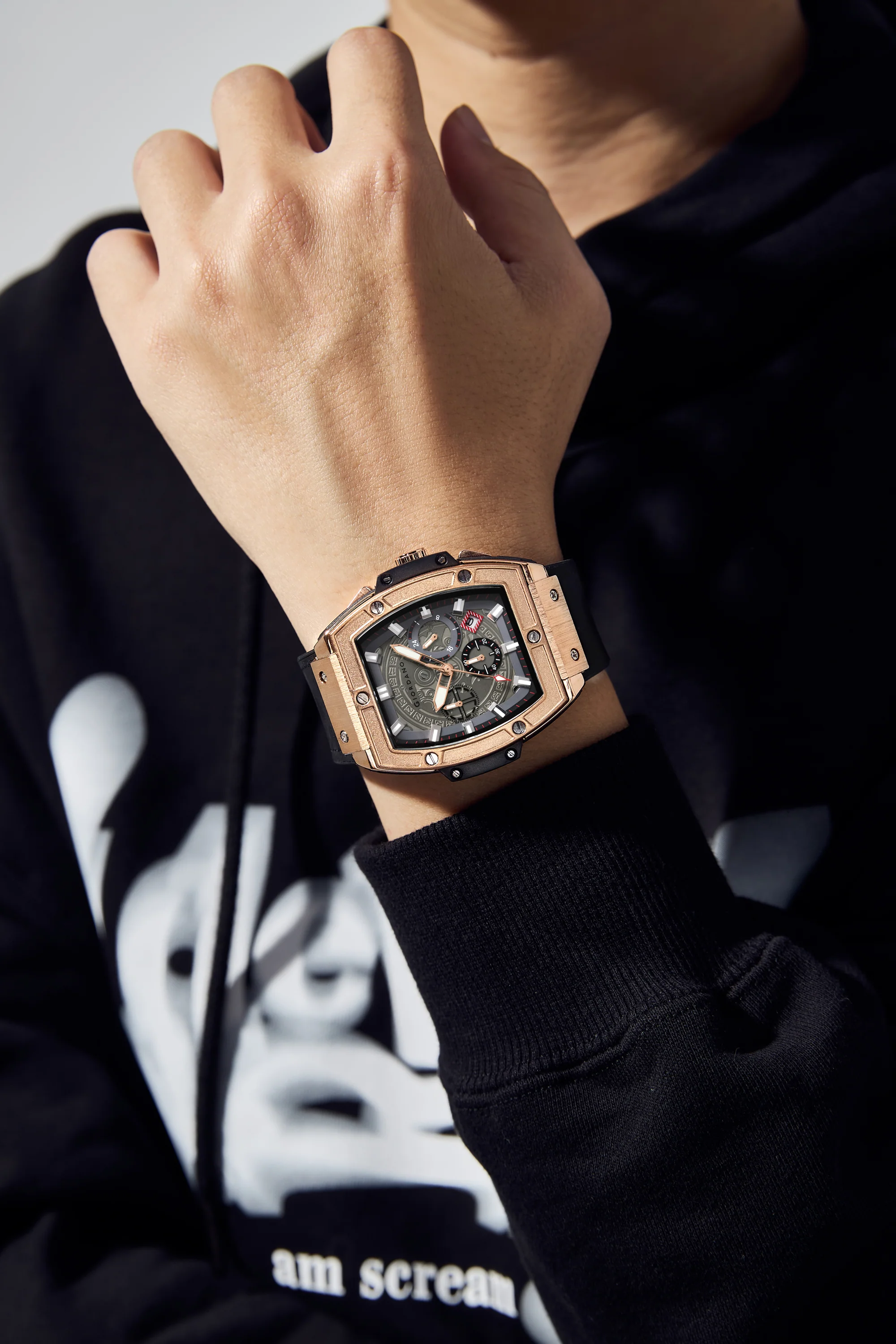 Giordano Terminator Men's Rose Gold Leather Multifunction Watch - with Day, Date, and 24-Hour Sub-Dials | Water Resistant Square Dial Unique Design Wrist Watch for Man | GZ-50098-02 - Image 3