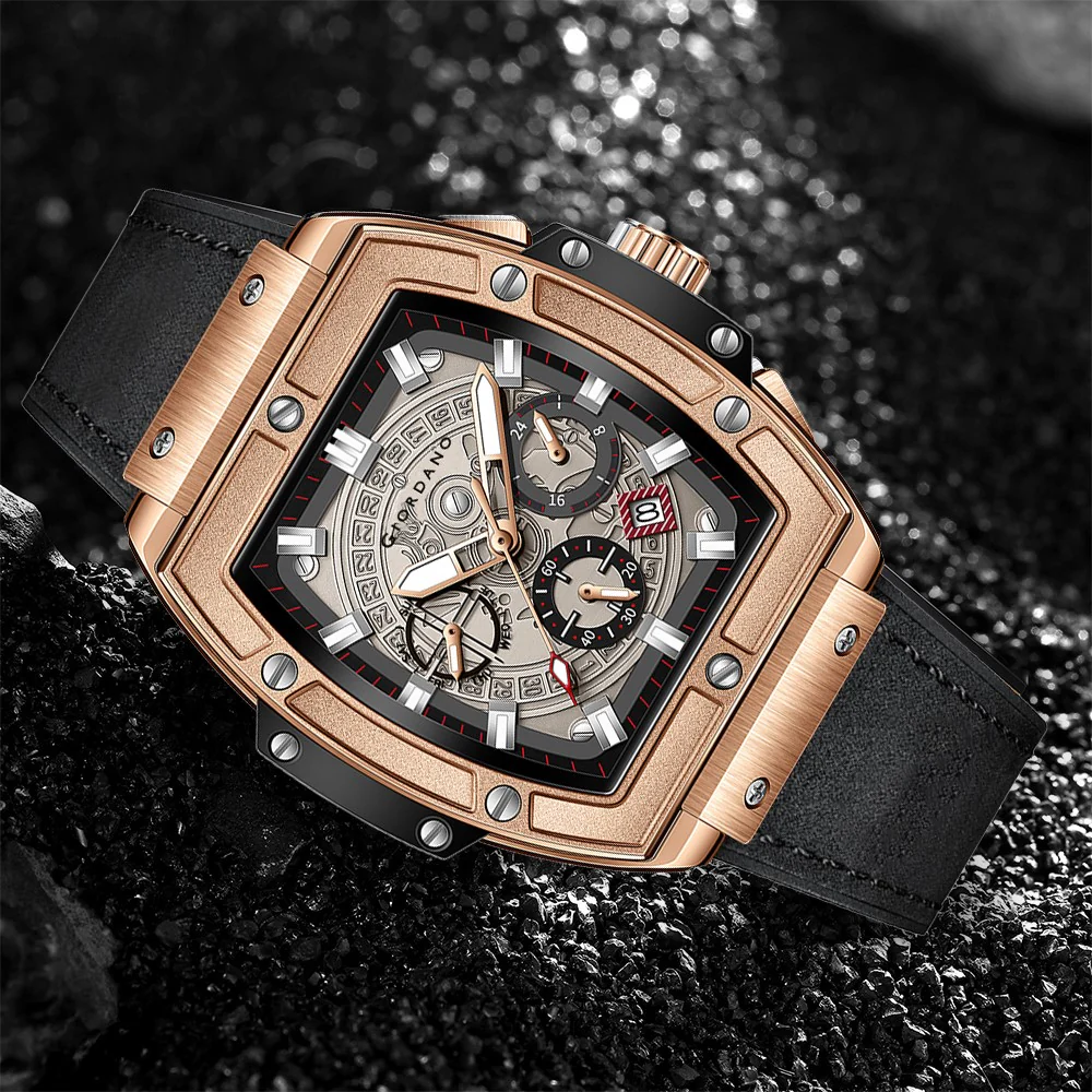 Giordano Terminator Men's Rose Gold Leather Multifunction Watch - with Day, Date, and 24-Hour Sub-Dials | Water Resistant Square Dial Unique Design Wrist Watch for Man | GZ-50098-02 - Image 4
