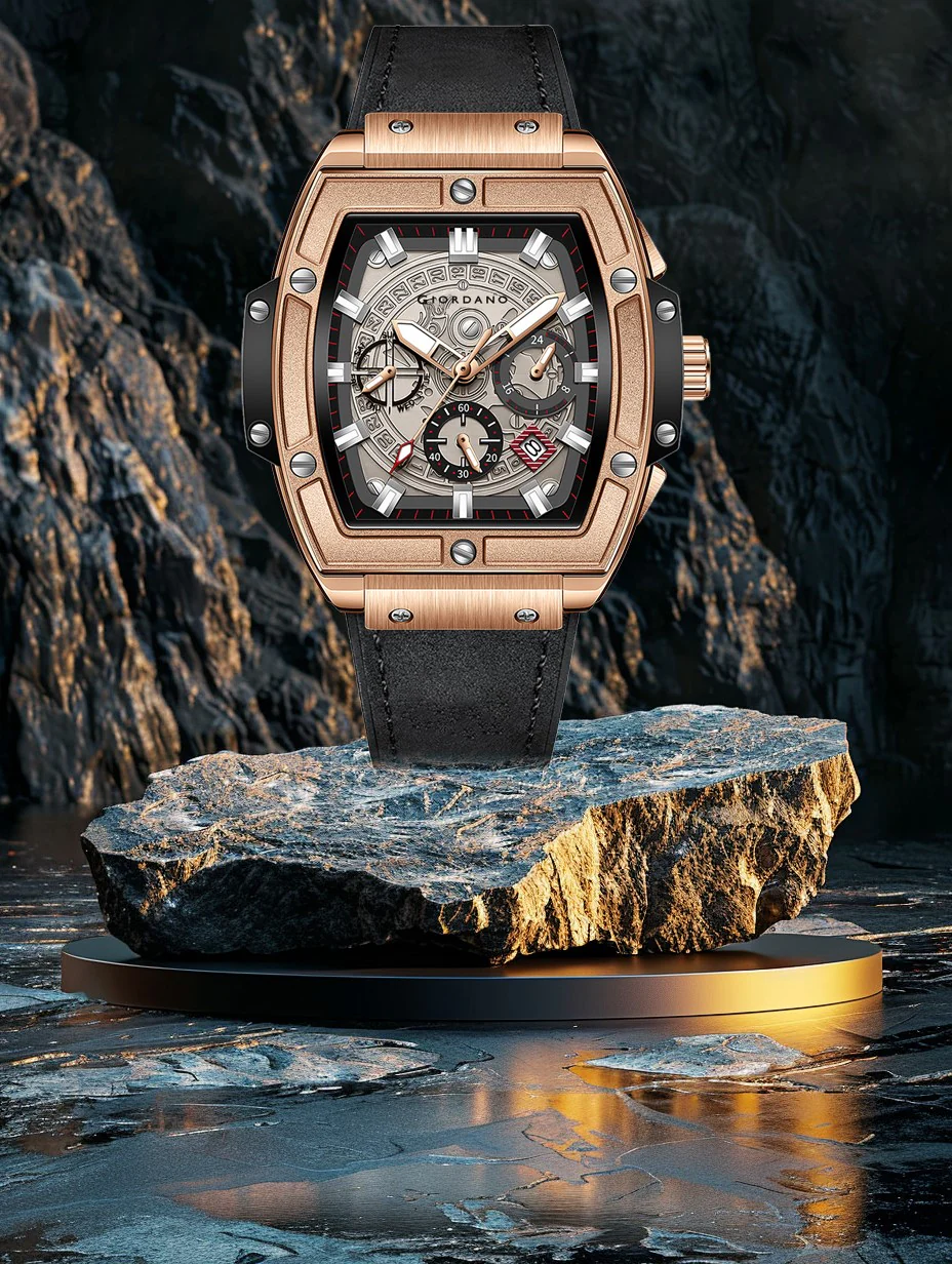 Giordano Terminator Men's Rose Gold Leather Multifunction Watch - with Day, Date, and 24-Hour Sub-Dials | Water Resistant Square Dial Unique Design Wrist Watch for Man | GZ-50098-02 - Image 6