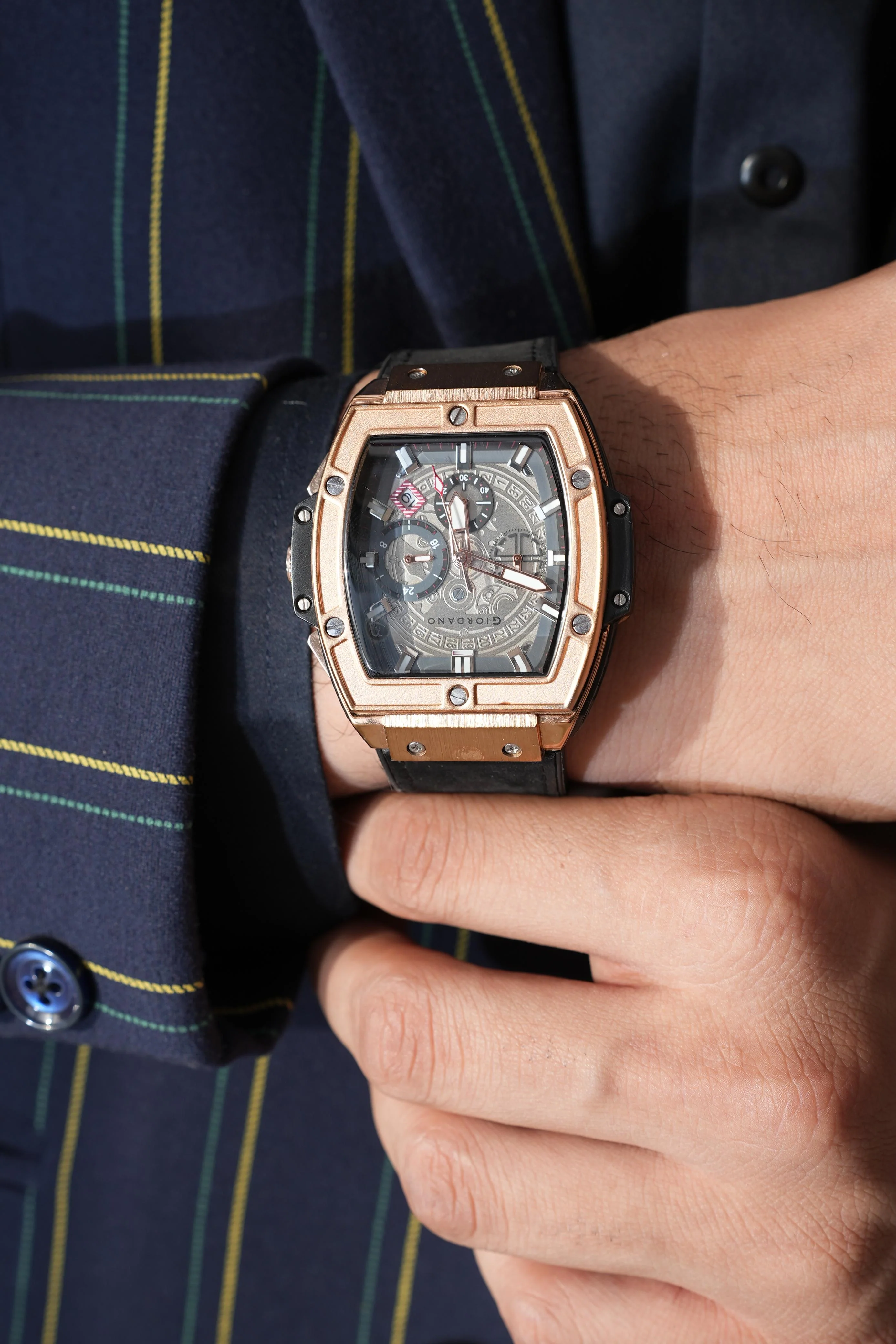 Giordano Terminator Men's Rose Gold Leather Multifunction Watch - with Day, Date, and 24-Hour Sub-Dials | Water Resistant Square Dial Unique Design Wrist Watch for Man | GZ-50098-02 - Image 7