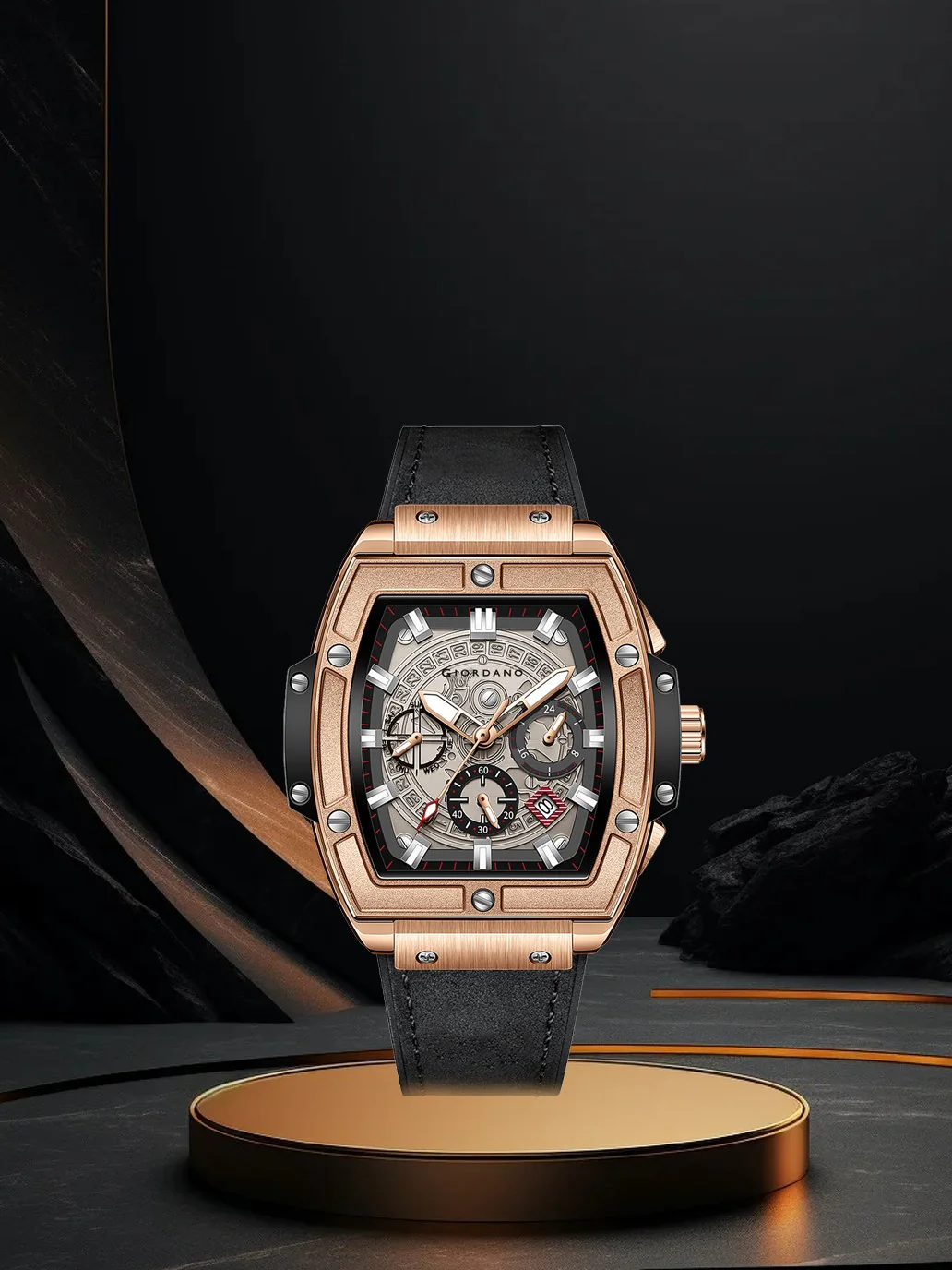 Giordano Terminator Men's Rose Gold Leather Multifunction Watch - with Day, Date, and 24-Hour Sub-Dials | Water Resistant Square Dial Unique Design Wrist Watch for Man | GZ-50098-02 - Image 8