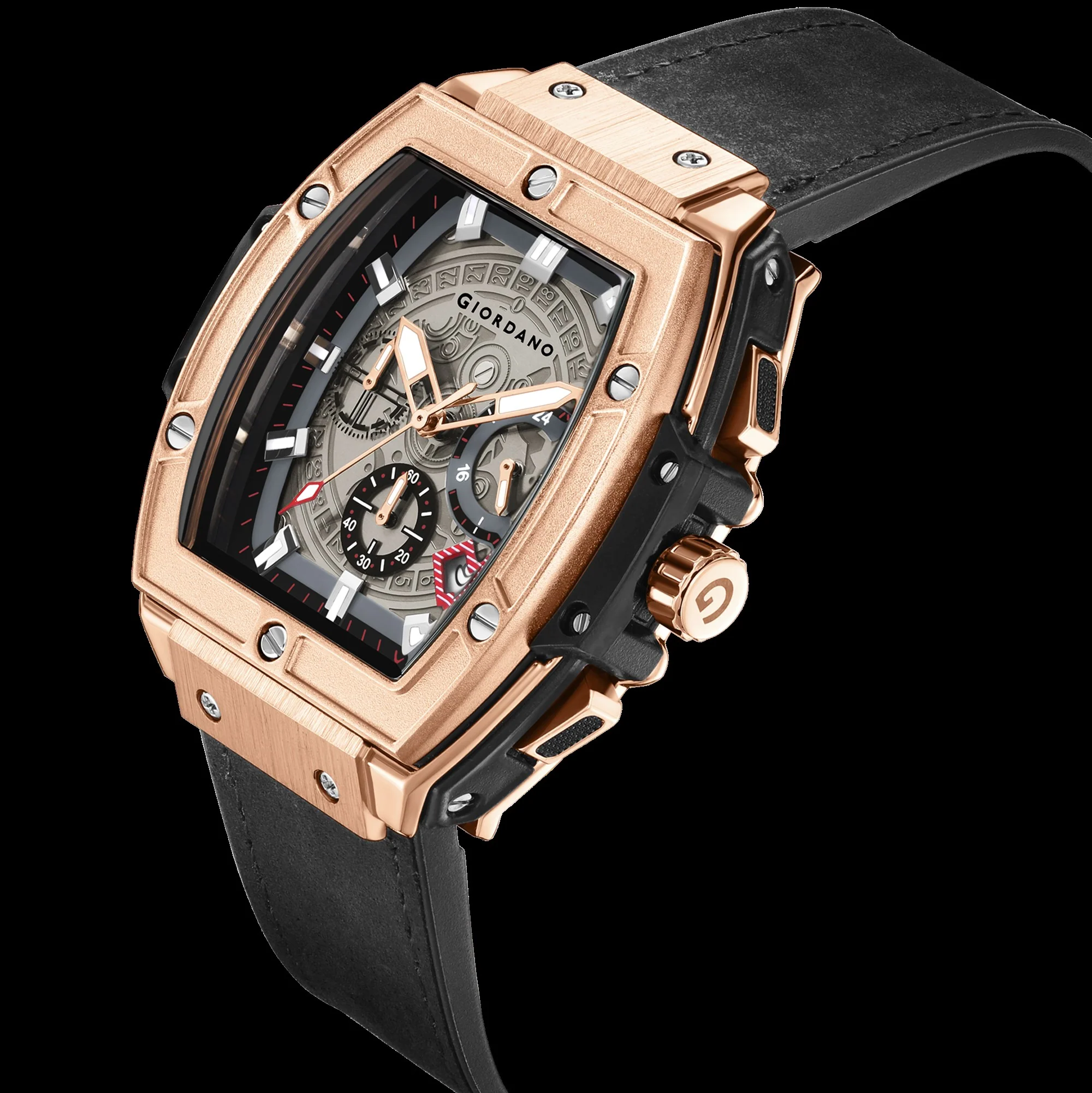 Giordano Terminator Men's Rose Gold Leather Multifunction Watch - with Day, Date, and 24-Hour Sub-Dials | Water Resistant Square Dial Unique Design Wrist Watch for Man | GZ-50098-02 - Image 9