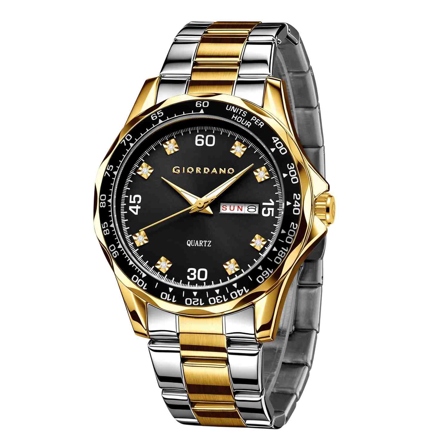 GIORDANO Two-Tone Analog Watch for Men - Crystal Hour Markers, Textured Bezel Design,  Day & Date Display, Stainless Steel Strap, Quartz Movement - GZ-50177-11 - Image 6