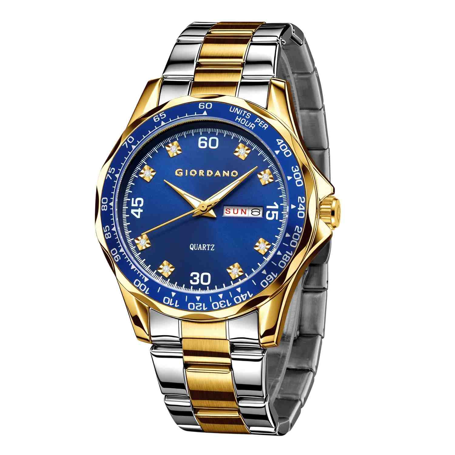 GIORDANO Two-Tone Analog Watch for Men - Crystal Hour Markers, Textured Bezel Design,  Day & Date Display, Stainless Steel Strap, Quartz Movement - GZ-50177-22 - Image 6