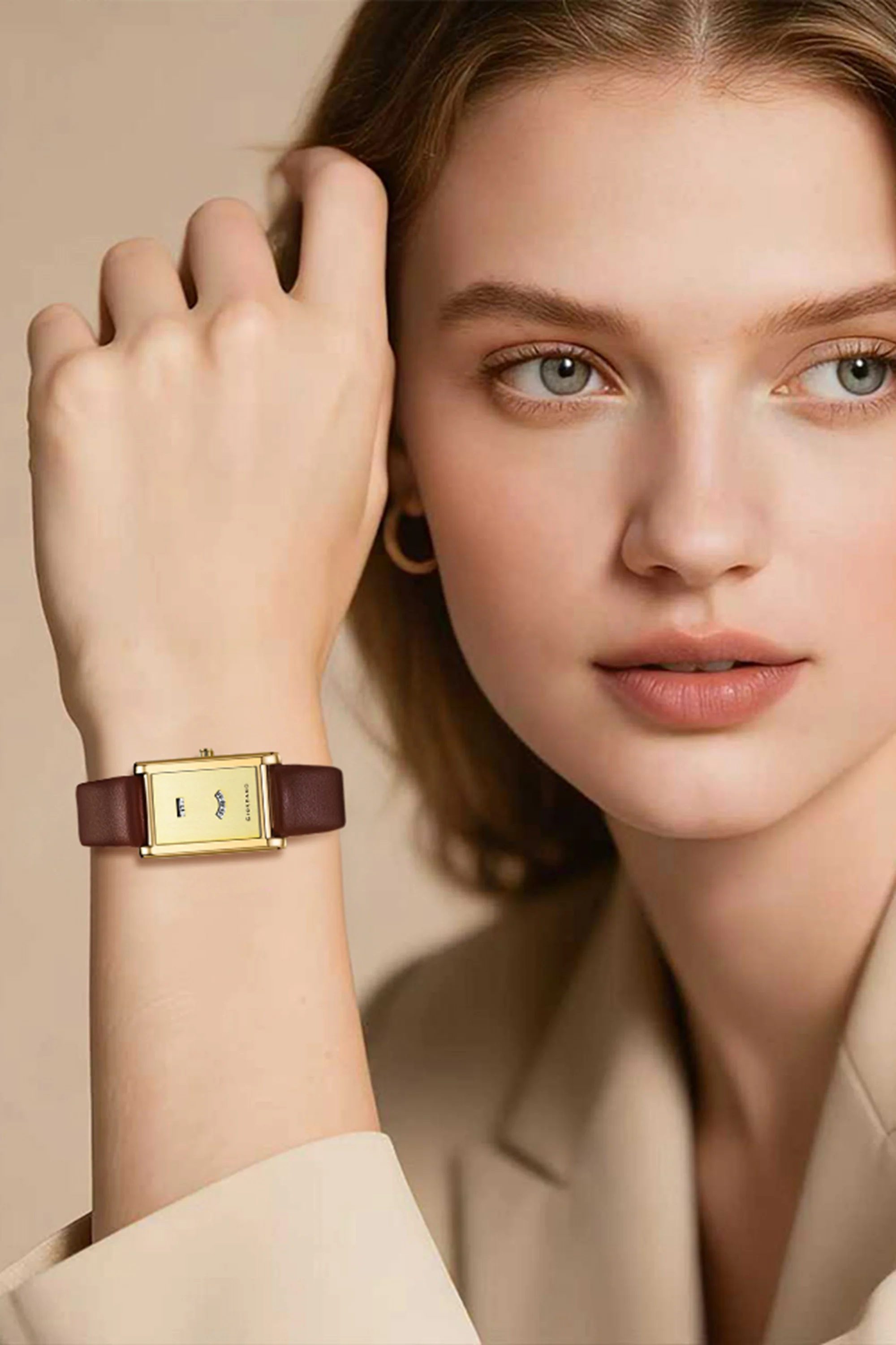 Giordano Unique Analog Watch for Women with Rectangular Dial, Hours & Minutes Window, Quartz Movement & Leather Strap - GZ-60148-03 - Image 2