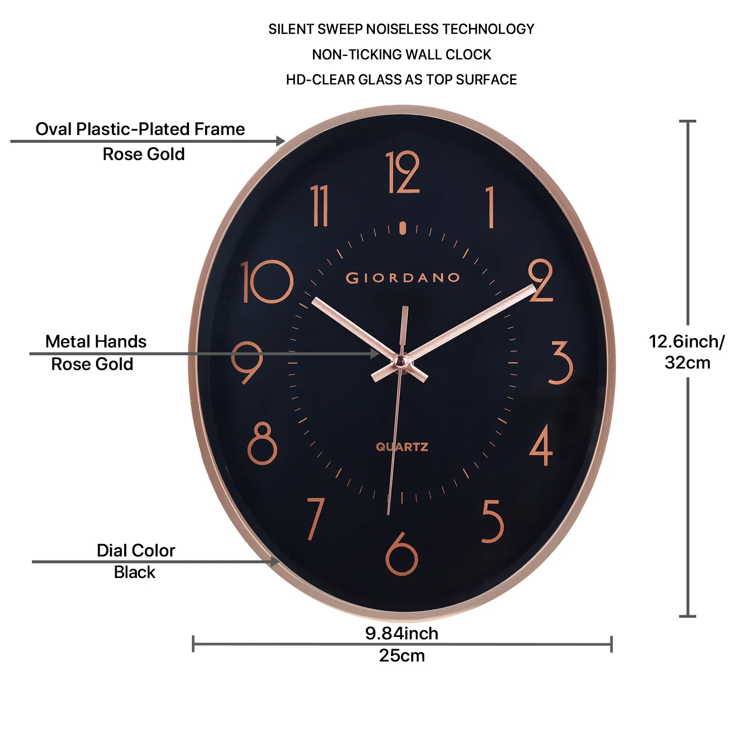 Giordano Wall Clock, Silent Sweep Non-Ticking Quartz Movement, Black Dial, Rose Gold Oval Plastic Frame, Metal Hand - GDCLTY1001RGBLK - Image 5