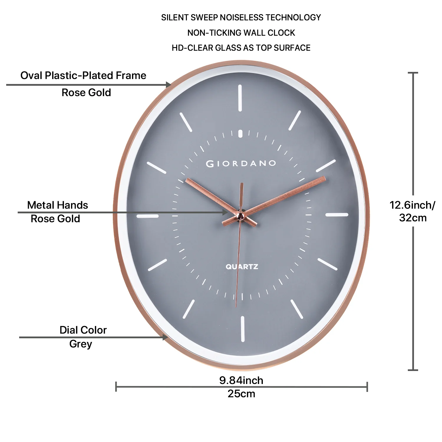 Giordano Wall Clock, Silent Sweep Non-Ticking Quartz Movement, Grey Dial, Rose Gold Oval Plastic Frame, Metal Hand - GDCLTY1001RGGRY - Image 5