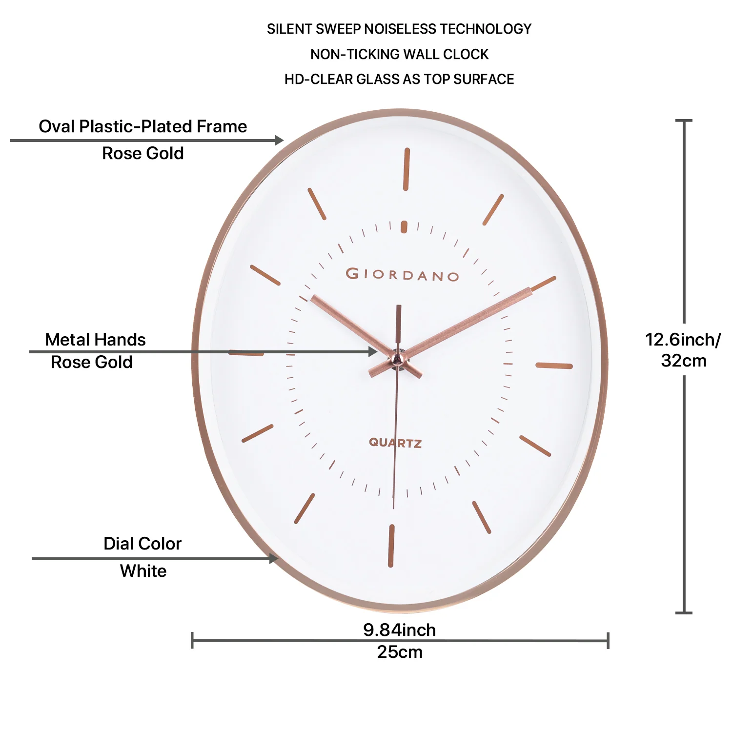 Giordano Wall Clock, Silent Sweep Non-Ticking Quartz Movement, White Dial, Rose Gold Oval Plastic Frame, Metal Hand - GDCLTY1001RGWHT - Image 10