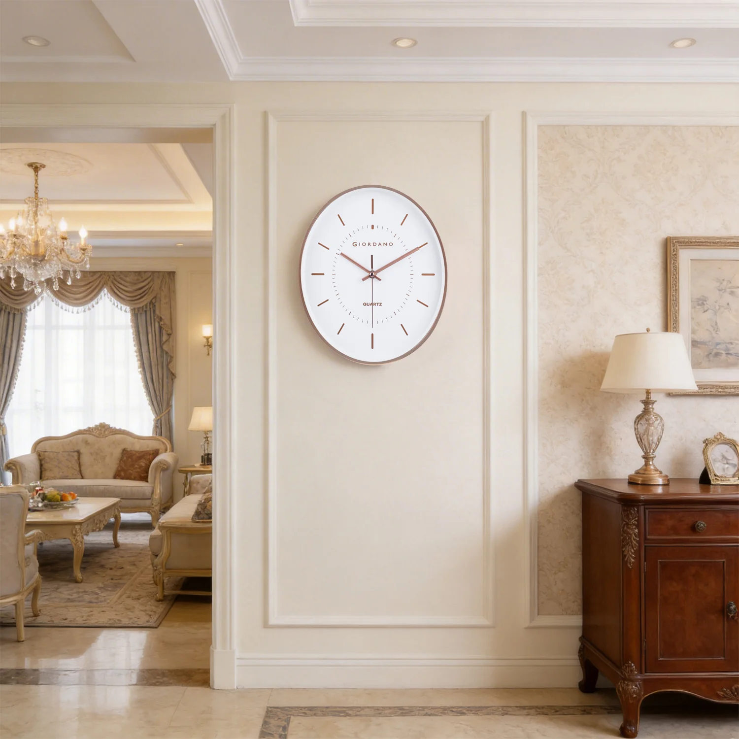 Giordano Wall Clock, Silent Sweep Non-Ticking Quartz Movement, White Dial, Rose Gold Oval Plastic Frame, Metal Hand - GDCLTY1001RGWHT - Image 2