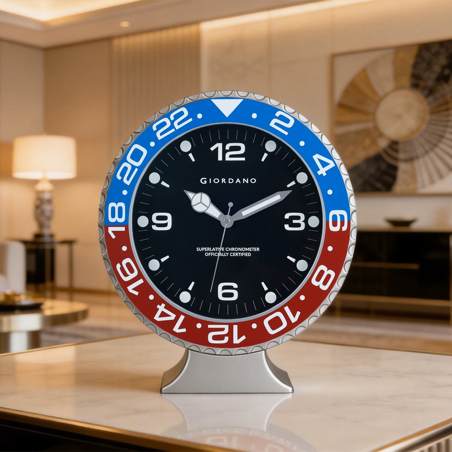 Giordano Wall Clock, Silent Sweep Non-Ticking Quartz Movement, Black Dial, Blue & Black Diver Style Bezel, Plastic Frame - GDCLTM2026BLRD - Image 3