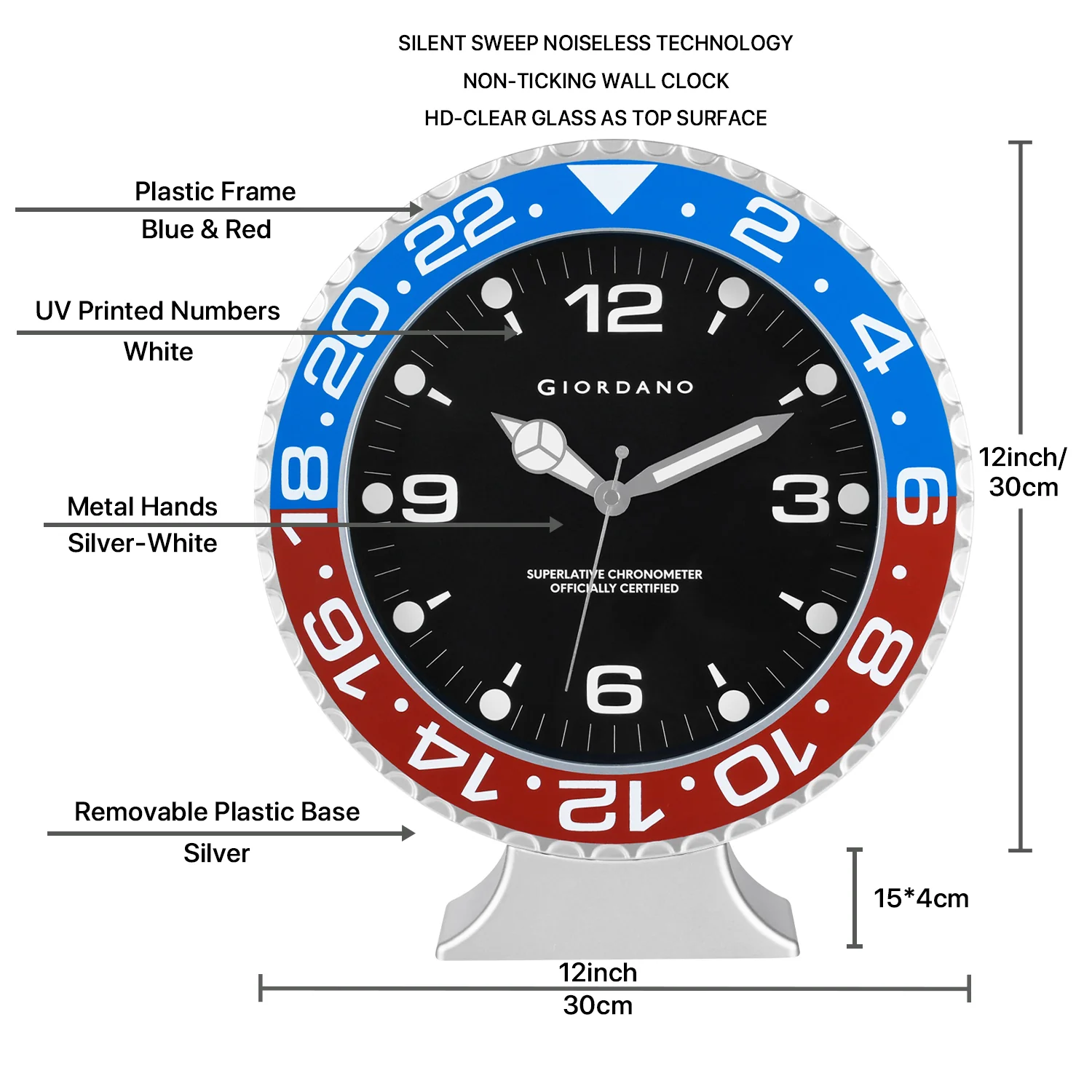 Giordano Wall Clock, Silent Sweep Non-Ticking Quartz Movement, Black Dial, Blue & Black Diver Style Bezel, Plastic Frame - GDCLTM2026BLRD - Image 5