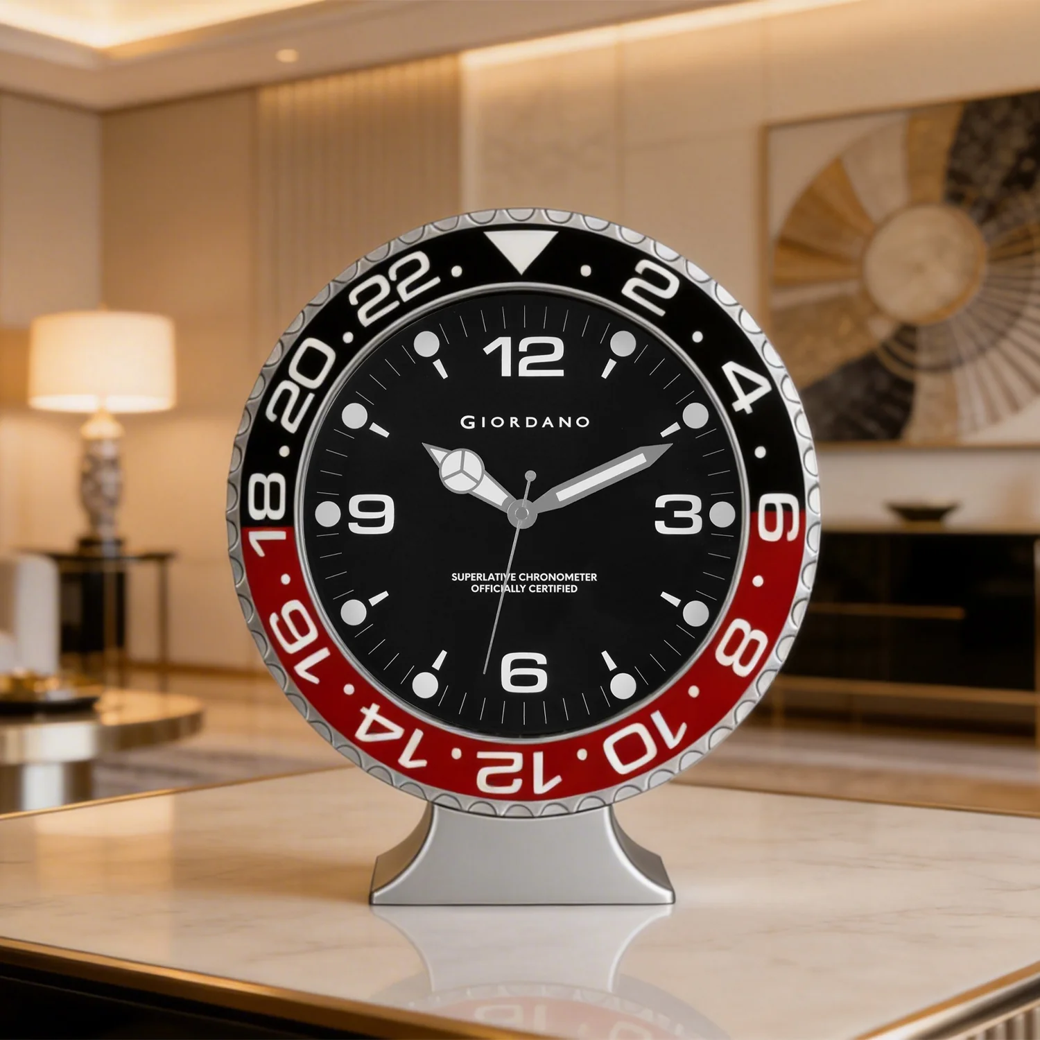 Giordano Wall Clock, Silent Sweep Non-Ticking Quartz Movement, Black Dial, Red & Black Diver Style Bezel, Plastic Frame - GDCLTM2026BLKRD - Image 3