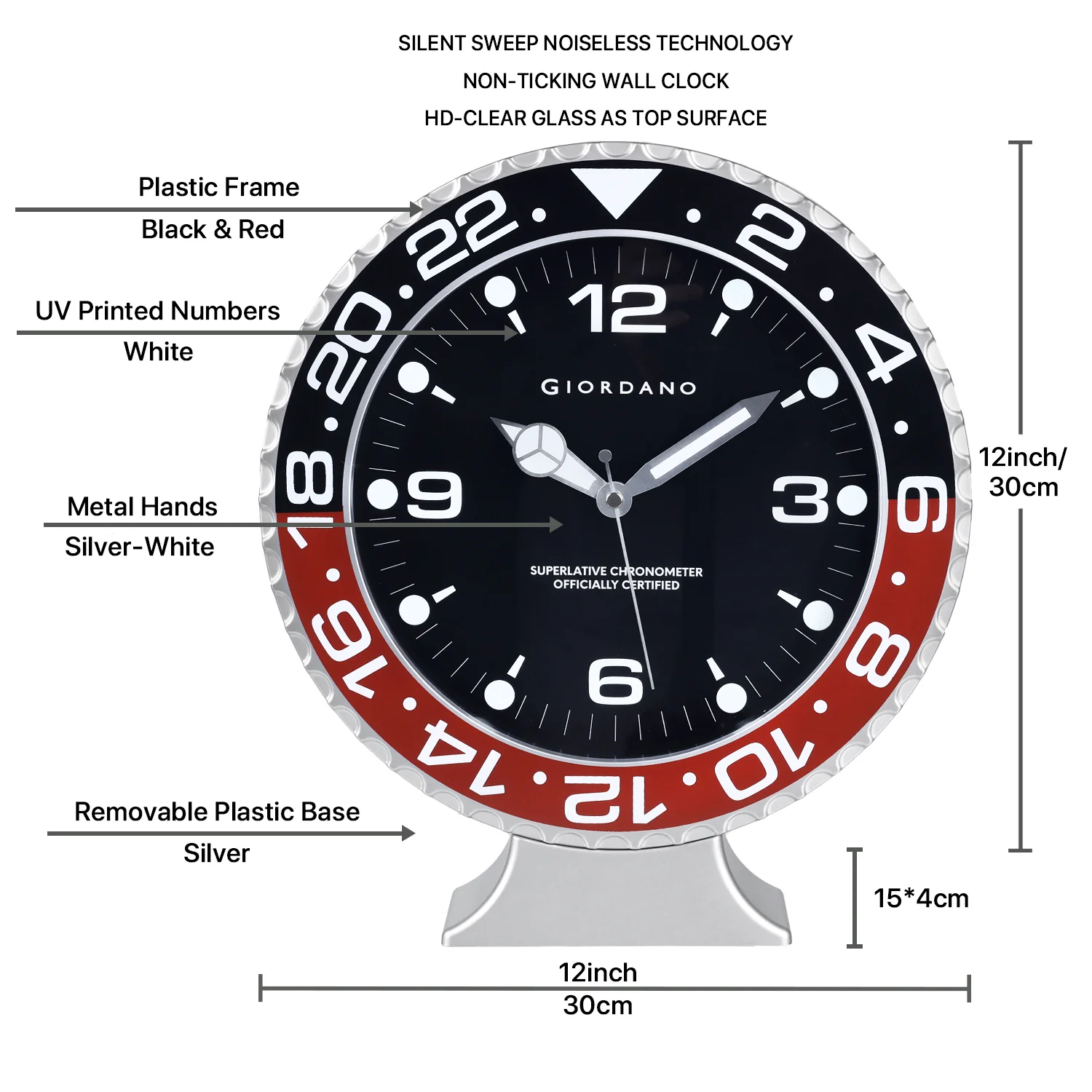 Giordano Wall Clock, Silent Sweep Non-Ticking Quartz Movement, Black Dial, Red & Black Diver Style Bezel, Plastic Frame - GDCLTM2026BLKRD - Image 5