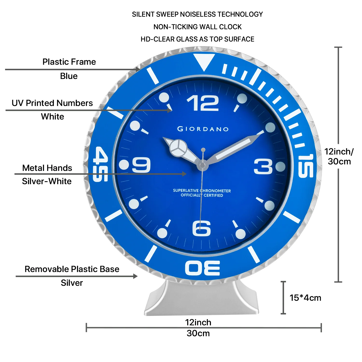 Giordano Wall Clock, Silent Sweep Non-Ticking Quartz Movement, Blue Dial, Blue Diver Style Bezel, Plastic Frame - GDCLTM2026BLU - Image 6