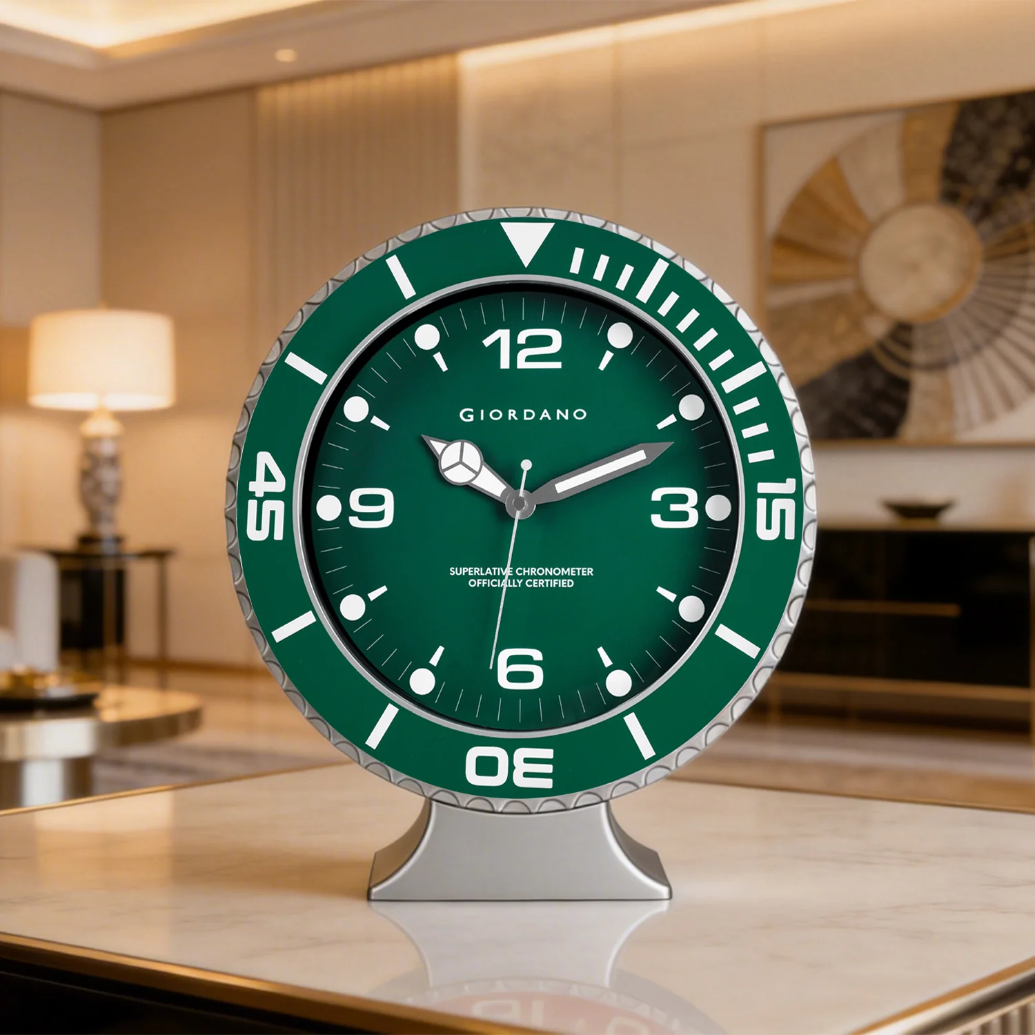 Giordano Wall Clock, Silent Sweep Non-Ticking Quartz Movement, Green Dial, Green Diver Style Bezel, Plastic Frame - GDCLTM2026GRN - Image 3