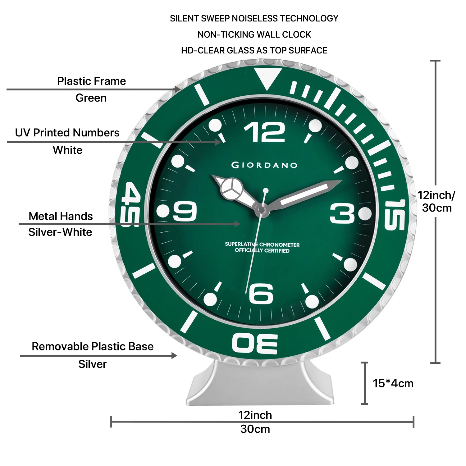 Giordano Wall Clock, Silent Sweep Non-Ticking Quartz Movement, Green Dial, Green Diver Style Bezel, Plastic Frame - GDCLTM2026GRN - Image 5