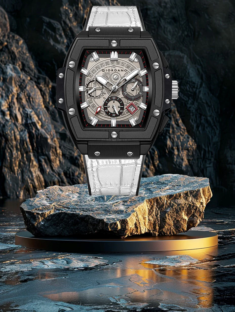 Giordano Terminator White Leather Multifunction Watch for men - with Day, Date, and 24-Hour Sub-Dials | Water Resistant Square Dial Unique Design Wrist Watch for Man | GZ-50098-06 - Image 4
